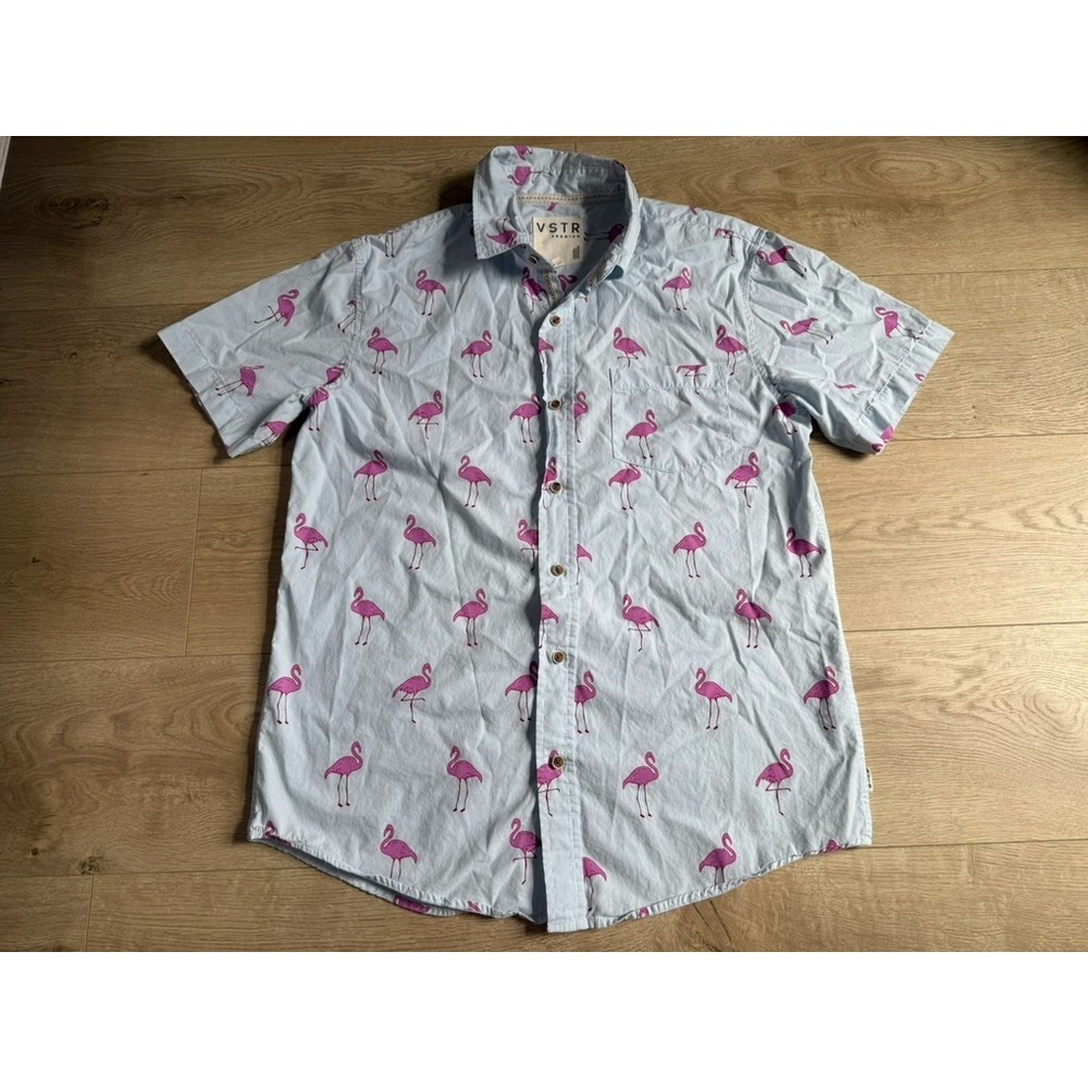 VSTR Premium Shirt Mens Medium Blue Flamingo All Over Print Casual Short Sleeve